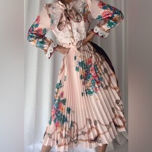 Replica Fashion Runway Summer Bow Floral Dress Bead Pleated Lace Elegant Pink